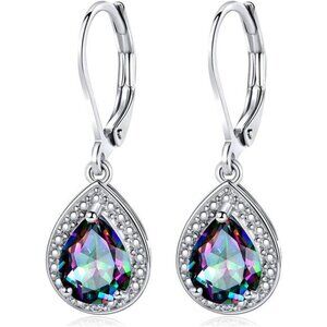 Halo Sparkle Purple Teardrop Leverback Earrings for Women 18K White Gold Plated